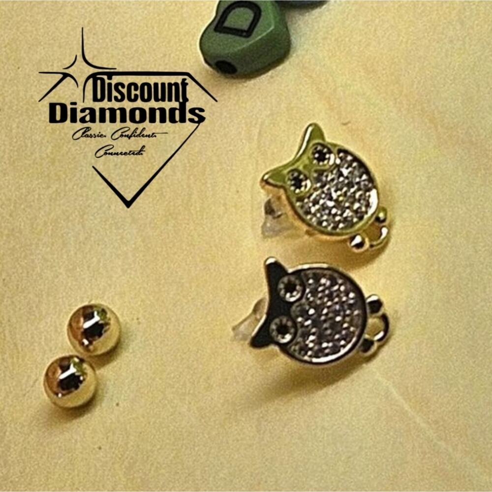 Dainty White Baguette Diamond  Owl Earrings on 18K Yellow Gold  over 925 Silver